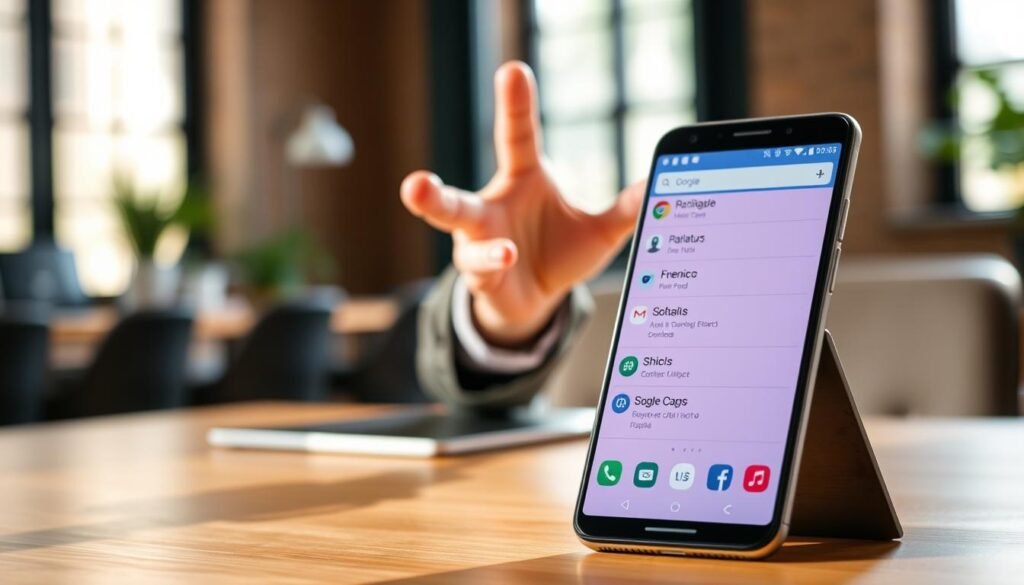 A sleek smartphone sits prominently in the foreground, displaying a vibrant and intuitive Android notification management interface. Notifications are organized with clean icons and color-coded categories, emphasizing efficiency. In the middle ground, a soft-focus hand gestures towards the screen, indicating user interaction, dressed in stylish yet professional attire. The background features a blurred modern workspace with natural light streaming in, creating an inviting atmosphere. The lighting is warm, with gentle shadows that highlight the details and contours of the phone. The overall mood is one of productivity and calm, encapsulating the essence of efficient notification management on Android devices.