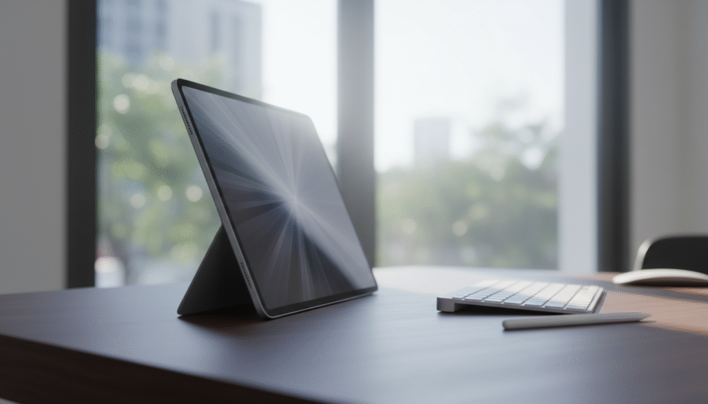 A sleek, ultra-thin iPad Pro is elegantly displayed in a minimalistic office setting, showcasing its refined design and modern technology. The foreground features the iPad positioned at an angle to highlight its slim profile, with a subtle reflection on a polished wooden desk. In the middle ground, soft-focus tech accessories, like a stylus and wireless keyboard, complement the iPad, underscoring its functionality. The background includes a bright window with soft, natural light pouring in, creating an inviting atmosphere that emphasizes innovation. The image should convey a sense of sophistication and progressiveness, with a clean, vibrant aesthetic that captures the essence of cutting-edge technology.