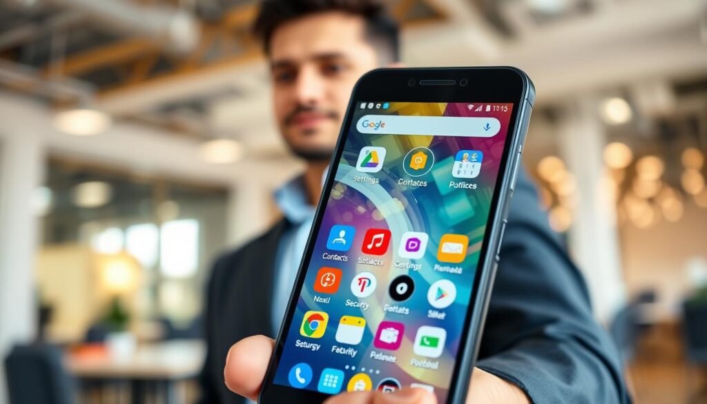 A smartphone displaying a vibrant Android interface filled with essential system applications. In the foreground, a close-up of the screen shows icons for important apps like Settings, Contacts, and Security, all brightly colored and visually distinct. The middle layer features a hand holding the phone, with a casual yet professional look, wearing a smart business casual outfit. The background consists of a blurred office environment, with soft, natural lighting enhancing the modern tech vibe. The atmosphere is informative and inviting, conveying a sense of importance about these applications. The overall composition should create a clear focus on the smartphone, illustrating the concept of system apps that are critical for device functionality without any distractions or text overlays.