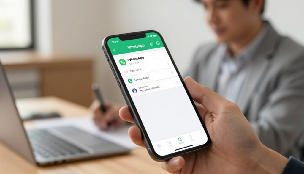 A smartphone screen displaying the WhatsApp interface, with a focus on the settings menu for blocking a contact. The foreground features a clear view of the phone held in a hand, with a person in professional business attire or modest casual clothing in the background, appearing focused and engaged. The middle ground shows a blurred desk setting with office supplies, creating a sense of productivity. The background includes soft, warm lighting that adds a calm atmosphere, enhancing the tech-savvy vibe of the scene. Capture the image from a slightly elevated angle to emphasize the phone and its screen details, emphasizing a user-friendly environment for understanding how to easily block ads on WhatsApp.