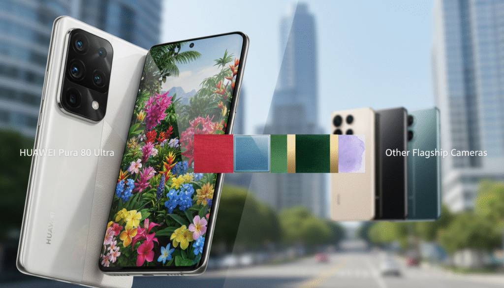 A split image showcasing a vibrant comparison of the HUAWEI Pura 80 Ultra camera with other flagship smartphone cameras. In the foreground, display the HUAWEI Pura 80 Ultra prominently with its sleek design, capturing the light's reflection on its glass surface. To the side, show a blurred outline of competing flagship models in a soft-focus to emphasize comparison. In the middle ground, include a color palette featuring various color samples and textures, from bold reds to calming blues, illustrating the camera's color accuracy and vibrancy. In the background, a subtle blurred urban landscape under bright daylight creates a professional and sophisticated atmosphere. The lighting should be bright and natural, avoiding harsh shadows, highlighting the cameras' features. The mood should convey a sense of innovation and professionalism.