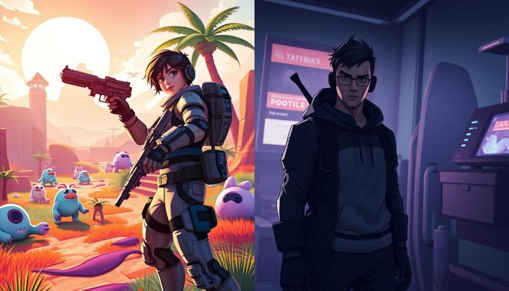 A split-screen image contrasting high expectations and the reality of gameplay in a stylized futuristic setting. On the left side, depict a bright, vibrant world, showcasing a dynamic character in an action pose, wearing advanced tactical gear, set against a lush, colorful landscape with unique, imaginative creatures. Use soft, warm lighting to evoke a sense of excitement and possibility. On the right side, illustrate a darker, more restrained environment, where the same character appears in a mundane setting, facing glitches and bugs, with a look of disappointment. Utilize cooler, shadowy lighting to reflect a sense of reality versus expectation. The angle should be slightly elevated, allowing a clear view of both worlds, creating a thought-provoking contrast in mood and atmosphere.