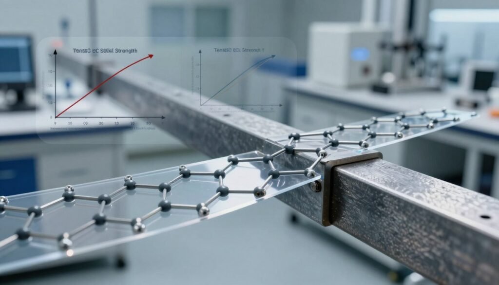 A striking comparison of graphene and steel strength, featuring a visually impactful side-by-side representation. In the foreground, a transparent, ultra-thin sheet of graphene seamlessly blends with a thick, textured steel beam, highlighting their contrasting properties. In the middle ground, scientific illustrations of tensile strength graphs and stress-strain curves should be subtly integrated, emphasizing graphene's superior strength. The background should showcase a high-tech laboratory setting with modern equipment, bathed in neutral, ambient lighting to create a clean and sophisticated atmosphere. The scene should be viewed from a slightly angled perspective, allowing for a comprehensive visual analysis. The mood is innovative and cutting-edge, emphasizing the amazing potential of graphene technology.