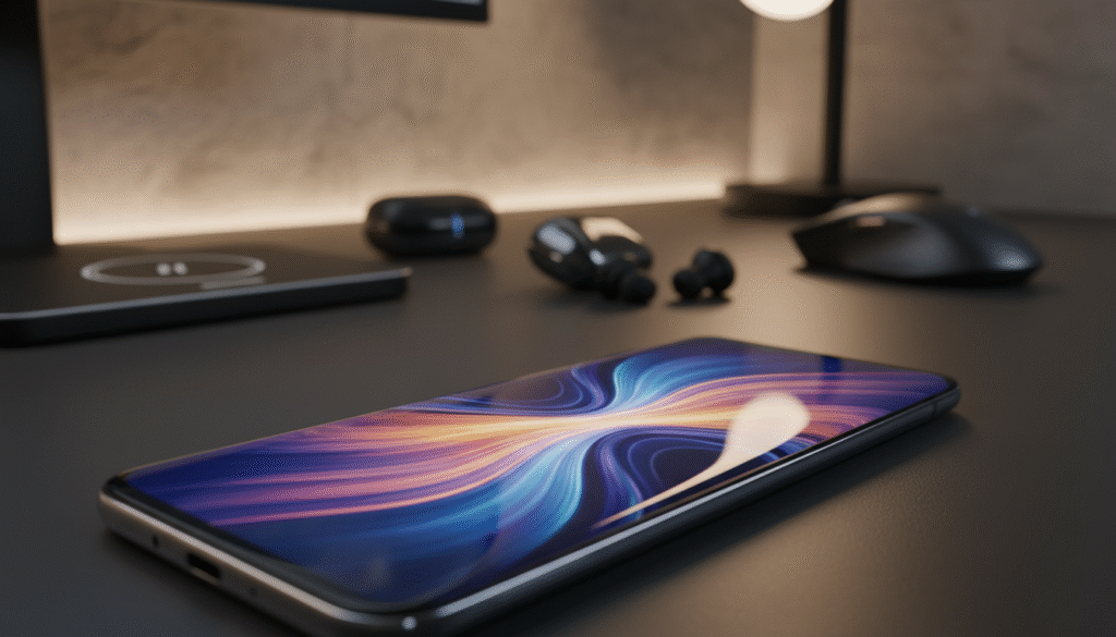 A striking image of the Infinix Note Pro Plus, showcasing its impressive curved AMOLED display. In the foreground, the phone should be prominently displayed, angled to highlight the smooth curve of its screen with vibrant colors illuminated. The middle layer should feature a softly blurred tech setting, perhaps a sleek desk with modern accessories to add depth. The background can incorporate a subtle ambiance with warm lighting, suggesting a cozy yet high-tech environment. The image should capture a sense of innovation and modernity, with reflections on the screen enhancing its graphical quality. The overall mood should be sleek, professional, and visually captivating, showcasing the elegance of the device. No text or overlays desired.