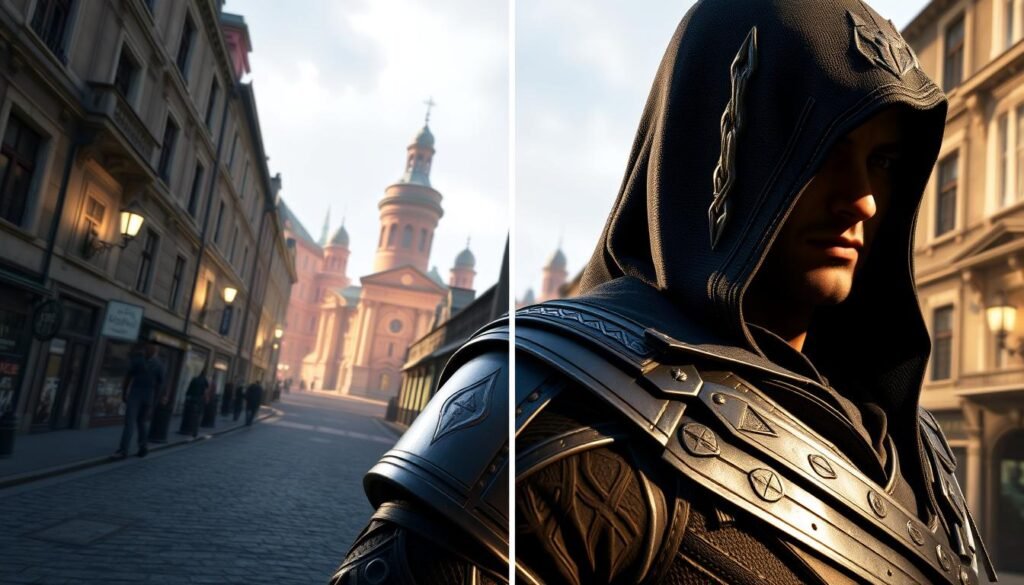A striking visual comparison of Assassin's Creed Shadows gameplay on PS5 versus PC. In the foreground, a detailed character in mid-action, with intricate armor and hood, showcasing realistic textures and subtle lighting that highlights reflections. The middle layer features a vibrant urban environment, with stunning architectural details that capture the essence of the game’s world, including cobblestone streets and illuminated buildings. In the background, the contrasting atmospheres of PS5 and PC are hinted at through different lighting effects; the PS5 scene is slightly warmer with a golden hour glow, while the PC scene is cooler, with sharper contrasts and shadows. The overall mood is dynamic and immersive, emphasizing the rich visual detail that defines each version, captured from a slightly low angle to enhance the epic scale. A striking visual comparison of Assassin's Creed Shadows gameplay on PS5 versus PC. In the foreground, a detailed character in mid-action, with intricate armor and hood, showcasing realistic textures and subtle lighting that highlights reflections. The middle layer features a vibrant urban environment, with stunning architectural details that capture the essence of the game’s world, including cobblestone streets and illuminated buildings. In the background, the contrasting atmospheres of PS5 and PC are hinted at through different lighting effects; the PS5 scene is slightly warmer with a golden hour glow, while the PC scene is cooler, with sharper contrasts and shadows. The overall mood is dynamic and immersive, emphasizing the rich visual detail that defines each version, captured from a slightly low angle to enhance the epic scale.