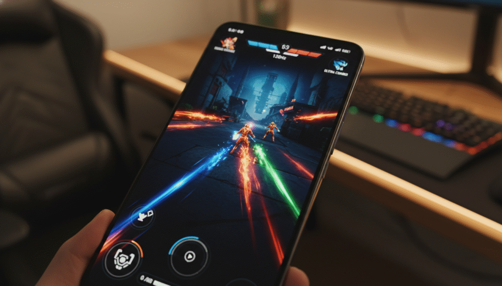 A stunning close-up of a 6.9-inch AMOLED display, featuring visuals from an intense gaming scene. The screen should showcase vibrant colors with deep blacks, emphasizing the 120Hz refresh rate. In the foreground, a sleek, modern smartphone with minimal bezels is prominently displayed, reflecting a stylish design. The middle ground should include a blurred view of a dynamic gaming interface, with sharp details that capture movement and excitement. In the background, soft ambient lighting creates a cozy setting, with a hint of a gaming desk or environment softly illuminated. The atmosphere is energetic yet immersive, perfect for both entertainment and gaming scenarios, evoking a sense of thrill and engagement. A stunning close-up of a 6.9-inch AMOLED display, featuring visuals from an intense gaming scene. The screen should showcase vibrant colors with deep blacks, emphasizing the 120Hz refresh rate. In the foreground, a sleek, modern smartphone with minimal bezels is prominently displayed, reflecting a stylish design. The middle ground should include a blurred view of a dynamic gaming interface, with sharp details that capture movement and excitement. In the background, soft ambient lighting creates a cozy setting, with a hint of a gaming desk or environment softly illuminated. The atmosphere is energetic yet immersive, perfect for both entertainment and gaming scenarios, evoking a sense of thrill and engagement.