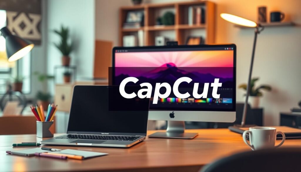 A stylish desk setup featuring a computer screen displaying the CapCut editing interface, with a vibrant overlay showcasing the CapCut watermark. In the foreground, a sleek laptop with editing software open, highlighting various tools and features. The middle ground features an organized workspace with colorful stationery and a coffee cup, while the background reveals soft, blurred office elements such as shelves and decorative items, creating a professional yet creative atmosphere. The lighting is warm and inviting, with a gentle glow emanating from the computer screen, accentuating the contrast between the watermark and the editing interface. The overall mood is inspiring and focused, ideal for understanding the significance of watermarks.