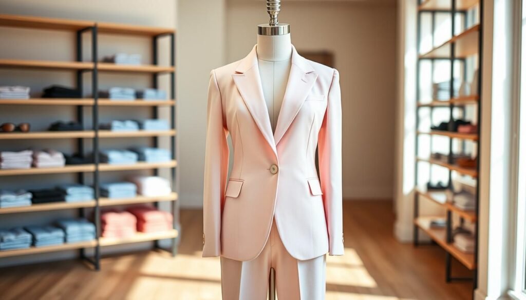 A stylish pastel blazer paired with matching trousers, elegantly displayed on a sophisticated mannequin in a minimalist boutique setting. The blazer features a tailored fit, subtle lapels, and elegant buttons, conveying a modern yet formal aesthetic. Soft natural lighting floods the space, highlighting the delicate fabric texture and the gentle color palette, which includes soft pinks, blues, and greens. In the background, blurred shelves with folded shirts and accessories add a touch of sophistication, while a light wooden floor complements the overall warm atmosphere. The image should evoke a sense of professionalism and refinement, perfect for showcasing contemporary formal wear without any distractions.