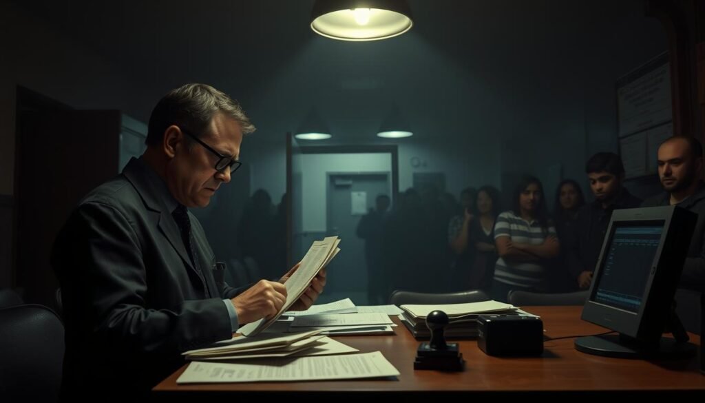 A tense scene depicting a dimly lit immigration office inspired by "Papers, Please." In the foreground, a focused immigration officer in professional attire examines documents under a flickering overhead light. The middle ground features a wooden desk cluttered with various papers, an ink stamp, and a small computer monitor displaying data. In the background, a line of anxious citizens waiting to be processed is visible, their expressions reflecting uncertainty. The atmosphere is heavy with pressure, and the color palette is muted with shades of gray and brown, enhancing the sensation of bureaucracy. The image should have a slight haze to evoke a sense of confinement, with soft shadows casting an eerie gloom. Overall, the composition should convey the weight of decision-making in a high-stakes environment.