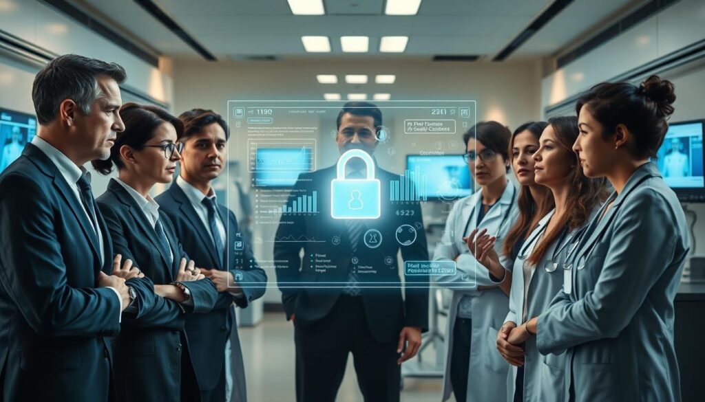 A thought-provoking scene illustrating the ethical risks and challenges of implementing health technology, specifically AI in hospitals. In the foreground, a diverse group of medical professionals in business attire engages in a heated discussion around data privacy and consent, their expressions reflecting concern and determination. In the middle, a holographic interface displays patient data and AI analytics, casting an ethereal glow over the scene. In the background, a modern hospital environment is visible, with advanced medical equipment and digital monitors, symbolizing the intersection of technology and healthcare. Soft, focused lighting enhances the sense of urgency and seriousness. The overall atmosphere is tense yet hopeful, highlighting the need for ethical considerations in advancing health technology.