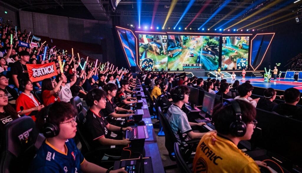 A thrilling Mobile Legends Grand Final match in a packed stadium atmosphere, showcasing intense moments between two teams, RRQ and Onic. In the foreground, players are fully immersed in the game, their expressions filled with focus and determination, dressed in vibrant esports jerseys. The middle ground features enthusiastic fans cheering with light sticks and banners, while the background reveals a grand stage with dynamic lighting, large screens displaying game action, and digital effects that project excitement. The scene is illuminated by colorful stage lights and vivid spotlights, creating a high-energy mood. The angle captures the intensity of the match, emphasizing the crowded stands filled with 100,000 eager spectators, immersed in the electrifying atmosphere of competitive gaming. A thrilling Mobile Legends Grand Final match in a packed stadium atmosphere, showcasing intense moments between two teams, RRQ and Onic. In the foreground, players are fully immersed in the game, their expressions filled with focus and determination, dressed in vibrant esports jerseys. The middle ground features enthusiastic fans cheering with light sticks and banners, while the background reveals a grand stage with dynamic lighting, large screens displaying game action, and digital effects that project excitement. The scene is illuminated by colorful stage lights and vivid spotlights, creating a high-energy mood. The angle captures the intensity of the match, emphasizing the crowded stands filled with 100,000 eager spectators, immersed in the electrifying atmosphere of competitive gaming.