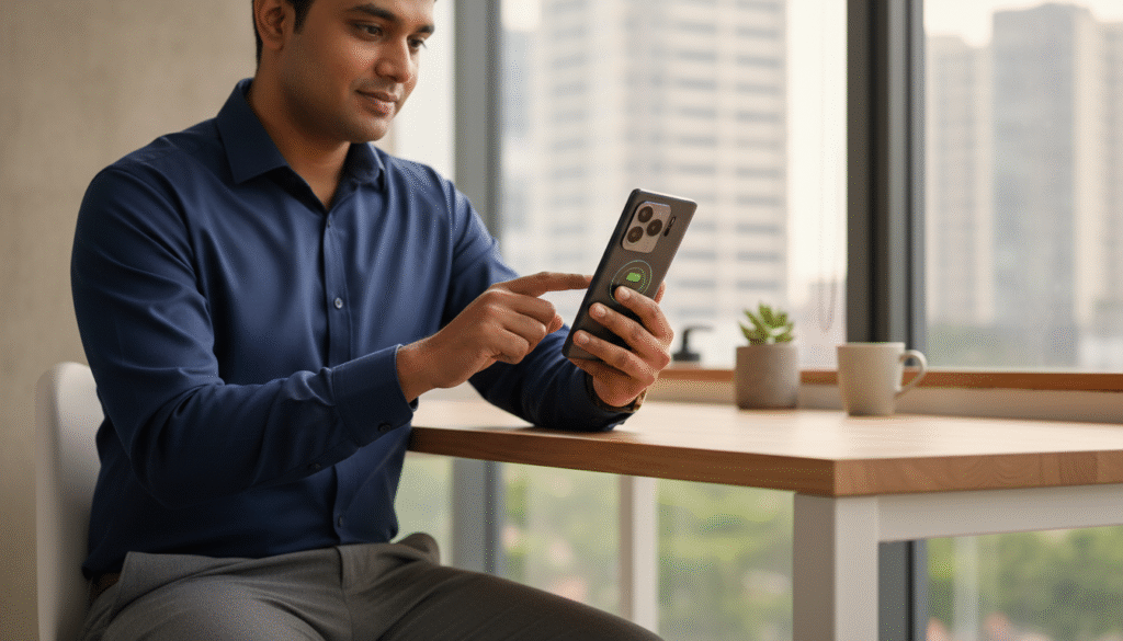 A user sitting at a modern desk, reviewing the Xiaomi 17 Ultra smartphone in their hand, showcasing its sleek design and features. The foreground includes the user, a South Asian male wearing professional attire, deeply focused on the phone. In the middle, the Xiaomi 17 Ultra is prominently displayed, highlighting the camera lens and a stylish battery indicator on the screen. The background features a blurred urban workspace with soft natural lighting filtering through a nearby window, creating an inviting atmosphere. The mood is professional yet relaxed, emphasizing user engagement and satisfaction. The angle captures both the user's expression and the device clearly, presenting a scene of thoughtful evaluation.