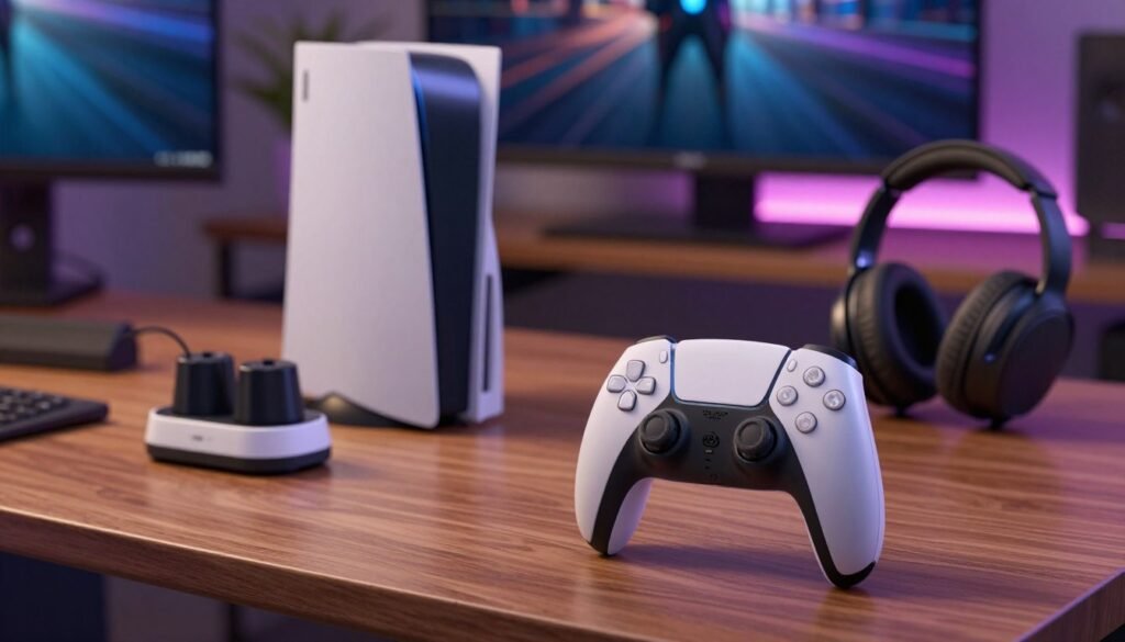 A vibrant and detailed illustration of a DualSense Edge gaming controller positioned prominently in the foreground, showcasing its sleek design and customizable features. The controller is displayed on a modern, elegant wooden table, surrounded by subtle lighting that highlights its contours and textures. In the middle, an array of gaming accessories, such as a charging dock and a headset, create a dynamic gaming environment. The background features a softly blurred entertainment setup with a large gaming monitor and ambient LED lights, emanating a cozy atmosphere. The overall mood is focused and tech-savvy, evoking a sense of efficiency and enjoyment in gaming, complemented by soft, warm lighting that brings a welcoming feel.