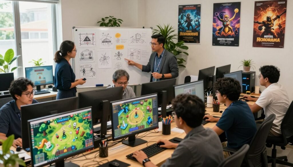 A vibrant and dynamic ecosystem of local game developers in Indonesia, showcasing a collaborative environment. In the foreground, diverse game developers—men and women of various ethnic backgrounds—huddle around computer screens, passionately discussing game design, wearing professional business attire and casual clothing. In the middle ground, a large whiteboard filled with colorful sketches and notes about game concepts illustrates creativity in action. The background features a cozy office space adorned with posters of iconic Indonesian games and plants to represent growth. Soft, warm lighting creates an inviting atmosphere, with natural light streaming through windows. The scene is captured from a slightly elevated angle to provide an expansive view of the creative process, reflecting a thriving local development community. A vibrant and dynamic ecosystem of local game developers in Indonesia, showcasing a collaborative environment. In the foreground, diverse game developers—men and women of various ethnic backgrounds—huddle around computer screens, passionately discussing game design, wearing professional business attire and casual clothing. In the middle ground, a large whiteboard filled with colorful sketches and notes about game concepts illustrates creativity in action. The background features a cozy office space adorned with posters of iconic Indonesian games and plants to represent growth. Soft, warm lighting creates an inviting atmosphere, with natural light streaming through windows. The scene is captured from a slightly elevated angle to provide an expansive view of the creative process, reflecting a thriving local development community.