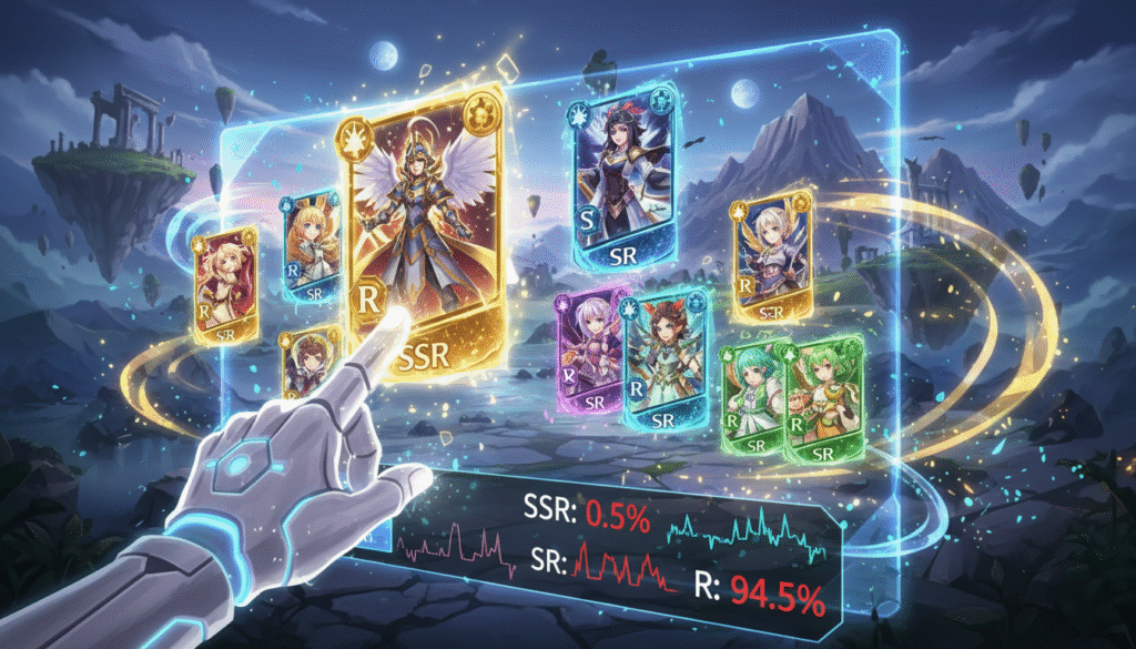 A vibrant and dynamic gacha system interface illuminated by glowing holographic effects, showcasing an array of colorful character cards with distinct designs. In the foreground, a hand reaching out to select a card, exuding excitement. The middle layer features a digital display with stats and rarity categories, emphasizing the low chances of obtaining SSR (Super Super Rare) characters, juxtaposed against a backdrop of swirling energy and game elements. The background is a fantasy landscape inspired by anime aesthetics, with a rich blue and purple color palette creating a mystical atmosphere. Soft, ethereal lighting casts a warm glow over the scene, enhancing the sense of adventure and progression. The composition is immersive and engaging, capturing the thrill of gacha mechanics in a gaming context.