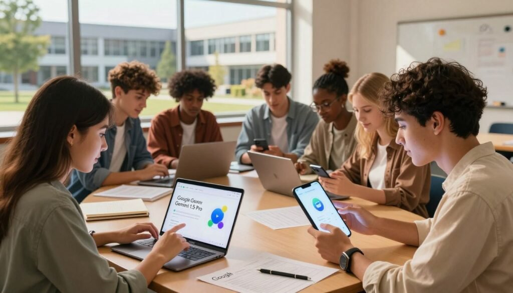 A vibrant and dynamic illustration showcasing a group of diverse university students engaging with advanced technology on their Android devices. In the foreground, two students are enthusiastically exploring the Google Gemini 1.5 Pro app, with glowing screens illuminating their focused faces. The middle ground features a diverse study group with laptops, papers, and digital resources strewn about, fostering a collaborative learning atmosphere. The background reveals a modern university campus with contemporary architecture and greenery, blending an educational vibe with innovation. Warm, natural lighting filters through a nearby window, creating an inviting mood. The image should convey a sense of excitement and accessibility to advanced features for students, emphasizing inclusion and teamwork. A vibrant and dynamic illustration showcasing a group of diverse university students engaging with advanced technology on their Android devices. In the foreground, two students are enthusiastically exploring the Google Gemini 1.5 Pro app, with glowing screens illuminating their focused faces. The middle ground features a diverse study group with laptops, papers, and digital resources strewn about, fostering a collaborative learning atmosphere. The background reveals a modern university campus with contemporary architecture and greenery, blending an educational vibe with innovation. Warm, natural lighting filters through a nearby window, creating an inviting mood. The image should convey a sense of excitement and accessibility to advanced features for students, emphasizing inclusion and teamwork.