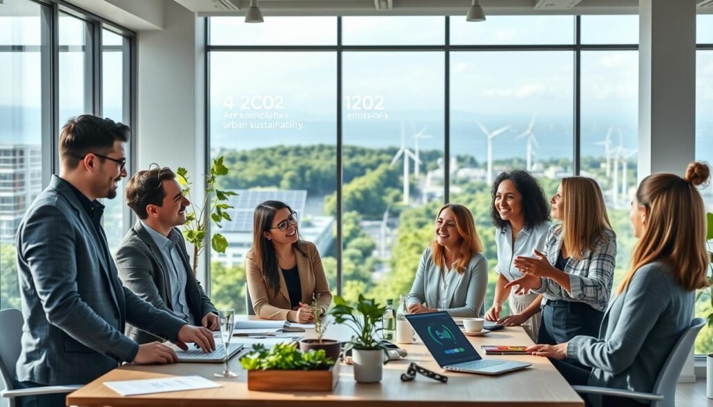 A vibrant and dynamic meeting of diverse professionals in a modern office space focused on environmental sustainability. In the foreground, a group of four individuals, two men and two women, dressed in professional attire, are engaged in an animated discussion around a table with eco-friendly materials and digital devices displaying data on recycling and CO2 emissions. In the middle ground, large windows reveal a lush green cityscape, with solar panels and wind turbines in the background, emphasizing urban sustainability. Soft, natural lighting floods the scene, creating a hopeful and collaborative atmosphere. The camera angle is slightly elevated, capturing both the engagement of the individuals and the expansive view of their green vision outside. The overall mood is one of optimism and teamwork towards a sustainable future.