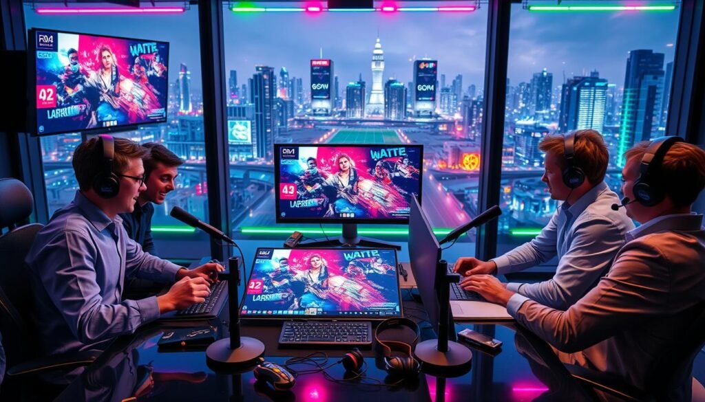 A vibrant and dynamic scene depicting a group of influential e-sports casters in a modern studio setting. In the foreground, three professional commentators, dressed in smart casual attire, are passionately discussing their analysis around a large digital screen showcasing vibrant gameplay graphics. The middle section features an array of gaming memorabilia, microphones, and headphones, creating an immersive e-sports atmosphere. The background displays a futuristic cityscape seen through large glass windows, illuminated by colorful LED lights. The lighting is bright and energetic, casting subtle reflections on the surfaces, enhancing the high-tech feel. The overall mood conveys excitement and enthusiasm for e-sports, perfectly capturing the essence of influential commentary within the competitive gaming community.