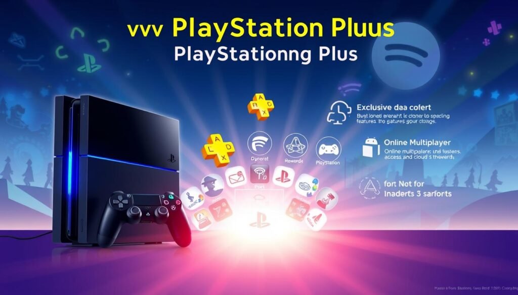 A vibrant and engaging illustration showcasing the benefits of a PlayStation Plus membership. In the foreground, feature a sleek, modern PlayStation console with a glowing blue light, accompanied by a high-quality DualSense controller. In the middle, display an array of gaming elements, such as dynamic game icons and digital rewards like exclusive content, online multiplayer access, and cloud storage features, all highlighted with radiant colors. The background should depict a stylized virtual gaming landscape, perhaps with subtle references to popular games, infused with a futuristic vibe. Use soft, ambient lighting to create an inviting atmosphere, emphasizing a sense of excitement and community within the gaming world. The composition should be well-balanced, drawing attention to the membership's key benefits without any text or distracting elements.