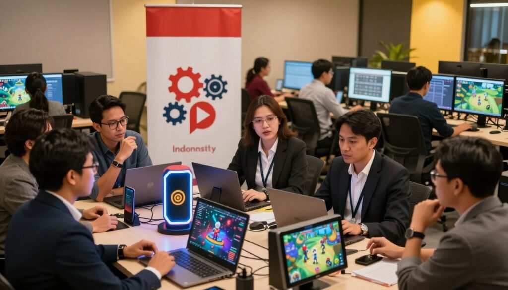 A vibrant and engaging scene illustrating government support for the Indonesian gaming industry. In the foreground, a diverse group of professionals in business attire engaged in a discussion, showcasing collaboration and investment. They are surrounded by futuristic gaming devices and colorful game prototypes. In the middle ground, a banner displays the Indonesian flag and symbols of creativity, like gears and play buttons, representing innovation. The background features a bustling creative workspace filled with team members at computers working on game development, illuminated by warm, inviting lighting that conveys a positive atmosphere of growth and ambition. The angle captures the energy of a dynamic environment that celebrates creativity and government initiative. A vibrant and engaging scene illustrating government support for the Indonesian gaming industry. In the foreground, a diverse group of professionals in business attire engaged in a discussion, showcasing collaboration and investment. They are surrounded by futuristic gaming devices and colorful game prototypes. In the middle ground, a banner displays the Indonesian flag and symbols of creativity, like gears and play buttons, representing innovation. The background features a bustling creative workspace filled with team members at computers working on game development, illuminated by warm, inviting lighting that conveys a positive atmosphere of growth and ambition. The angle captures the energy of a dynamic environment that celebrates creativity and government initiative.