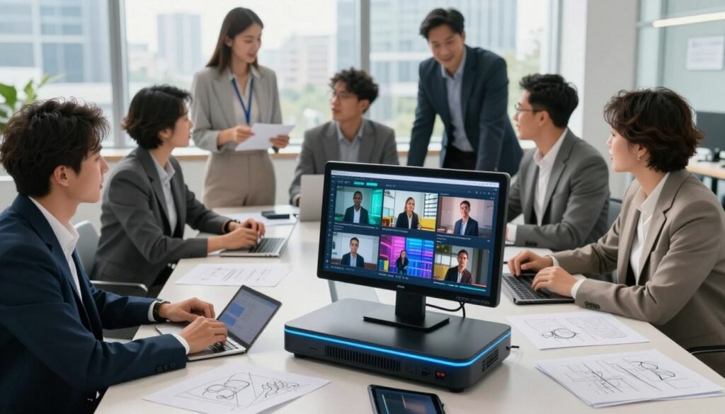 A vibrant and modern workspace with a high-tech video generator at its center. In the foreground, a sleek, futuristic device displaying various video content types on a digital screen. Surrounding it, a diverse group of professionals in business attire—men and women—are engaged in discussing and brainstorming ideas, showcasing collaboration. In the middle, notes, sketches, and digital tablets are scattered on a stylish conference table, emphasizing creativity and innovation. The background features large windows with city views, soft natural lighting streaming in, creating an inspiring atmosphere. The overall mood is dynamic and optimistic, reflecting the limitless possibilities of video content creation using advanced AI technology.