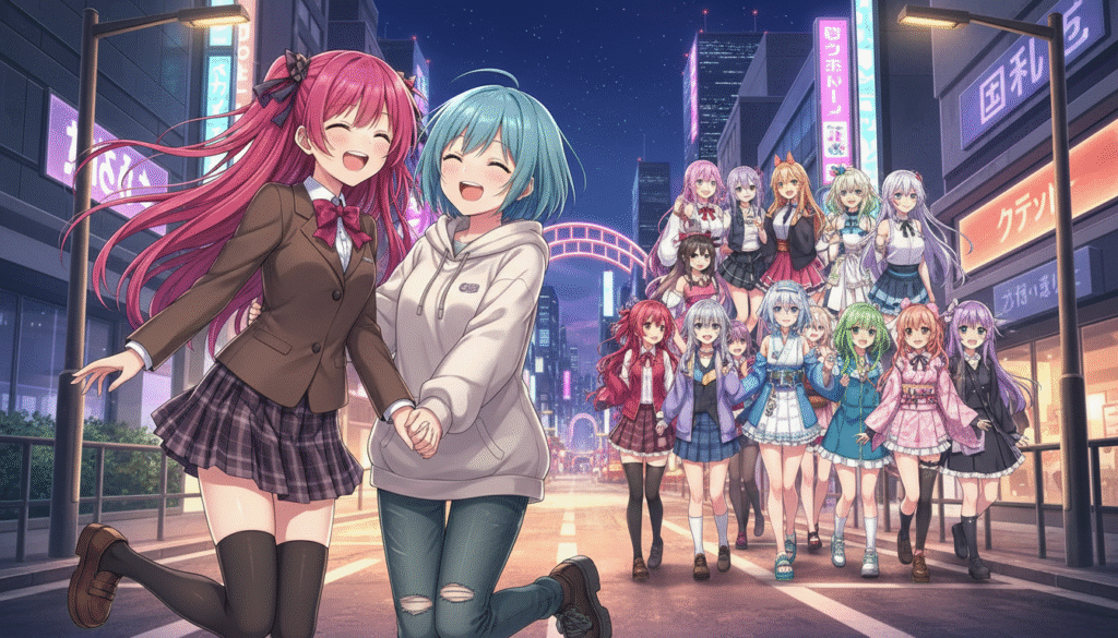 A vibrant collection of anime girls in various styles, set against a dynamic city backdrop. In the foreground, two girls: one with long, flowing pink hair wearing a stylish school uniform, and the other with short blue hair dressed in casual streetwear. Both are posed playfully, showcasing friendship. In the middle ground, add a group of diverse girls with different hairstyles and outfits, reflecting various aesthetics. The background features a beautifully lit night cityscape, with neon lights and modern buildings enhancing the atmosphere. Soft glow from the streetlights adds warmth, while the night sky twinkles above. The image should convey a sense of youthful energy and creativity, captured with a cinematic perspective, using a wide-angle lens for dramatic effect.