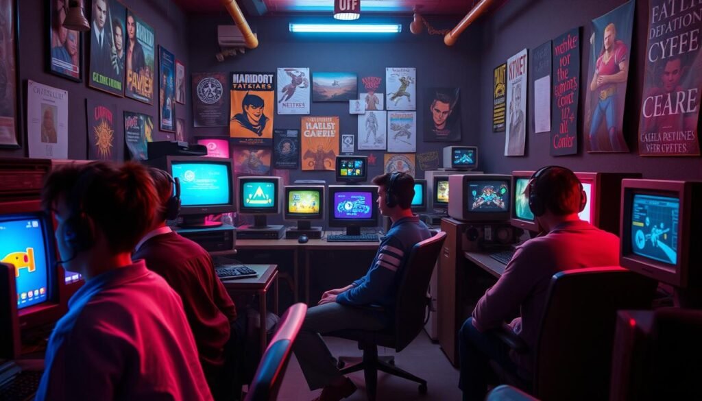 A vibrant digital scene depicting a retro gaming environment inspired by the early days of multiplayer internet gaming, specifically reflecting the spirit of Netrek from the year 2000. In the foreground, a group of focused players, dressed in casual yet professional attire, are intensely engaged with their computer screens, displaying colorful game interfaces. In the middle ground, various vintage gaming stations are illuminated with soft neon lights, showcasing the unique designs of early computer hardware and monitors. The background features a dimly lit internet café filled with posters of classic games, creating an atmosphere of camaraderie and excitement. The lighting has a nostalgic glow, reminiscent of early 2000s gaming culture, evoking a sense of adventure and innovation in the realm of esports. The overall mood is energetic and pioneering, celebrating the evolution of multiplayer gaming. A vibrant digital scene depicting a retro gaming environment inspired by the early days of multiplayer internet gaming, specifically reflecting the spirit of Netrek from the year 2000. In the foreground, a group of focused players, dressed in casual yet professional attire, are intensely engaged with their computer screens, displaying colorful game interfaces. In the middle ground, various vintage gaming stations are illuminated with soft neon lights, showcasing the unique designs of early computer hardware and monitors. The background features a dimly lit internet café filled with posters of classic games, creating an atmosphere of camaraderie and excitement. The lighting has a nostalgic glow, reminiscent of early 2000s gaming culture, evoking a sense of adventure and innovation in the realm of esports. The overall mood is energetic and pioneering, celebrating the evolution of multiplayer gaming.