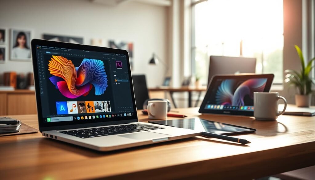 A vibrant digital workspace showcasing popular software tools in action. In the foreground, a sleek laptop with an open screen displaying colorful graphics from Adobe Creative Cloud applications, including Photoshop and Illustrator. To the side, a tablet with a stylus rests, featuring a digital art interface. In the middle ground, a modern office desk with stylish stationery and a coffee cup, enhancing the work environment. The background displays a large window with bright sunlight streaming in, creating a warm, inviting atmosphere. The scene is captured at a slight angle to emphasize depth, using soft focus on the background while keeping the software tools sharp. The overall mood should feel inspiring and creative, reflecting the essence of innovation in the tech industry.