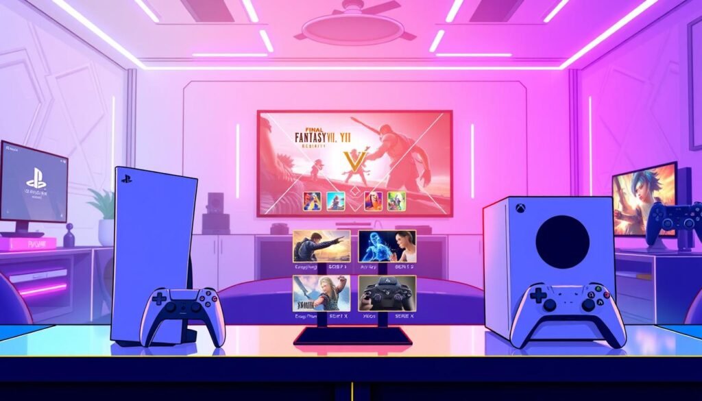 A vibrant, dynamic illustration comparing gaming subscription services. In the foreground, two side-by-side gaming consoles: a sleek PlayStation 5 and an Xbox Series X, elegantly showcased on a stylish table. In the middle ground, visually captivating icons representing popular games like "Final Fantasy VII Rebirth" and other titles from both platforms. The background features a futuristic gaming room with LED lights and a large wall screen displaying gameplay, creating an immersive atmosphere. Soft, ambient lighting enhances the mood, with a slight glow highlighting the consoles. The angle is slightly elevated, providing a sense of depth. The overall tone is energetic and engaging, appealing to gamers and subscribers alike.