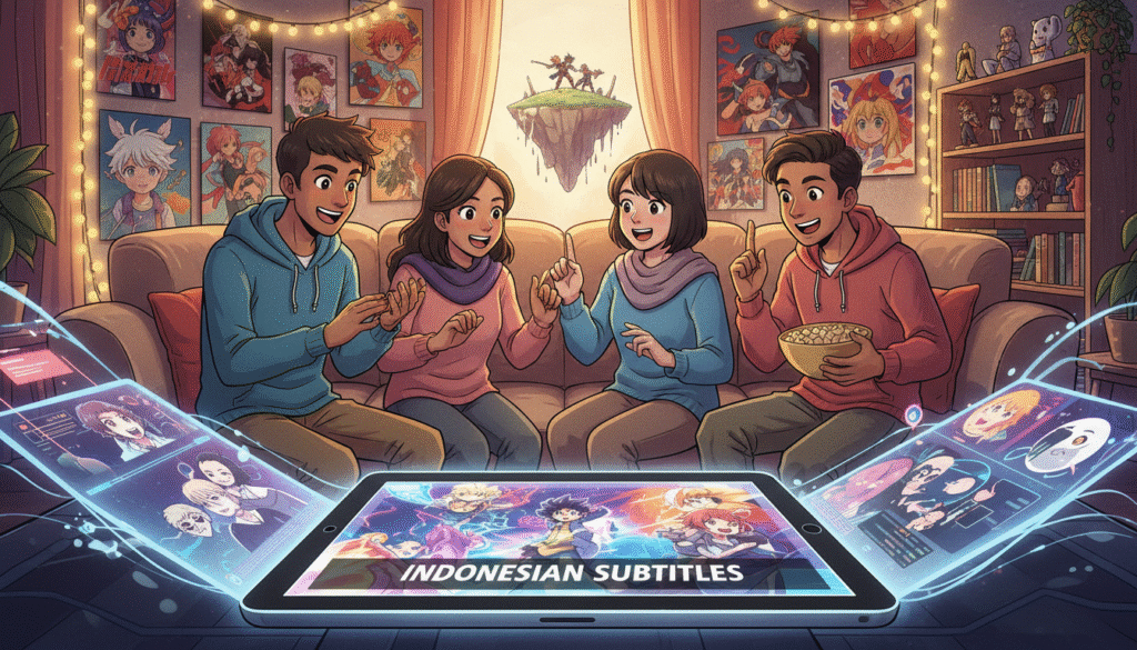 A vibrant, engaging illustration of a digital landscape representing the world of anime streaming, showcasing a sleek modern device displaying a colorful anime scene in the foreground, well-lit to highlight sharp details. In the middle, diverse characters in casual, modest clothing are gathered around the device, animatedly discussing their favorite anime series. The background features a stylized home environment filled with anime posters, soft lighting casting a warm glow, creating an inviting ambiance. The overall mood should be lively and enthusiastic, capturing the essence of community and passion for anime, with a focus on accessibility and enjoyment in streaming anime with Indonesian subtitles.