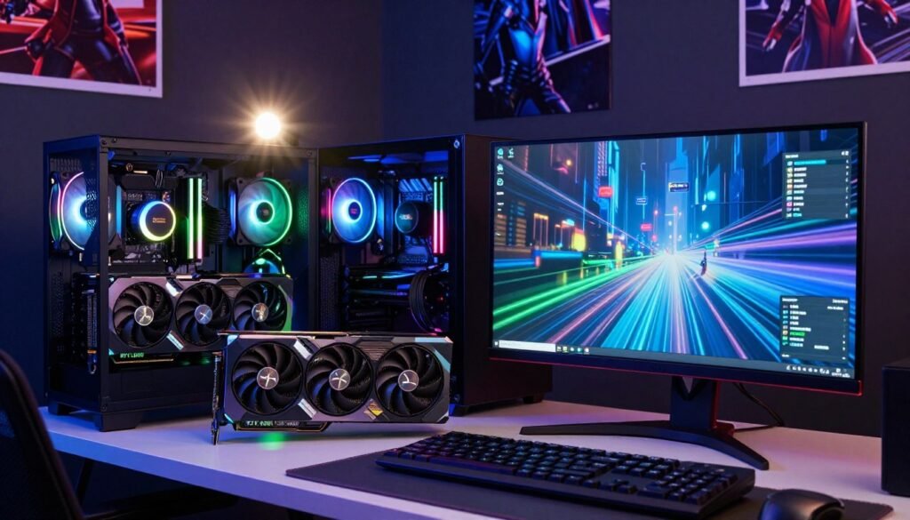 A vibrant gaming setup featuring two high-performance graphics cards, the RTX 5080 and RTX 4080 Super, showcased prominently on a sleek, modern desk. The foreground displays a gaming monitor, highlighting a graph comparing performance metrics with dynamic visual elements suggesting fluid gameplay. In the middle ground, a gaming PC case with RGB lighting illuminates the cards in rich blues and greens, emphasizing their technological sophistication. The background is a darkened room adorned with gaming posters, creating an immersive atmosphere. Soft, focused lighting accentuates the details of the hardware, while a slight lens flare adds a touch of cinematic flair. The overall mood is energetic and competitive, perfect for showcasing cutting-edge gaming technology.
