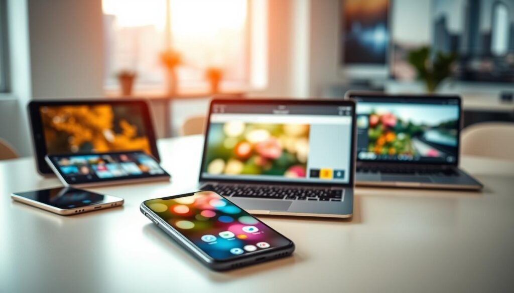 A vibrant, professional workspace showcasing a collection of mobile devices displaying various bokeh effects applications. In the foreground, a sleek smartphone with a stunning bokeh image on its screen, surrounded by a few tablets and laptops, each displaying different features of bokeh editing options. The middle ground includes a light-colored desk with a laptop open, exhibiting an easy-to-navigate interface of a bokeh app, with smooth, blurred backgrounds that highlight user-friendliness. The background features blurred images of nature and urban settings to evoke a sense of creativity and inspiration. Soft, natural lighting streams in from a nearby window, enhancing the atmosphere of productivity and innovation. The overall mood is bright and optimistic, focusing on the power of technology in digital photography.