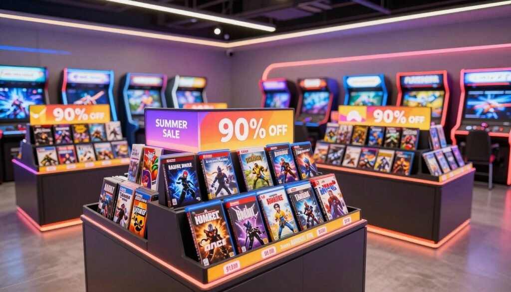 A vibrant scene depicting a digital storefront showcasing a wide selection of AAA video games on sale for 90% off. In the foreground, a large, attractive display featuring various popular game cases with bright, eye-catching labels highlighting the discount. The middle ground includes virtual shelves filled with an array of games, their covers prominently displayed. The background shows a sleek, modern arcade environment with soft lighting that enhances the excitement of gaming deals. The atmosphere is lively and energetic, embodying the thrill of a summer sale. The perspective is slightly tilted upward to capture the grandeur of the display. Use warm lighting to create an inviting feel, encouraging the viewer to imagine the joy of shopping for games at incredible prices. A vibrant scene depicting a digital storefront showcasing a wide selection of AAA video games on sale for 90% off. In the foreground, a large, attractive display featuring various popular game cases with bright, eye-catching labels highlighting the discount. The middle ground includes virtual shelves filled with an array of games, their covers prominently displayed. The background shows a sleek, modern arcade environment with soft lighting that enhances the excitement of gaming deals. The atmosphere is lively and energetic, embodying the thrill of a summer sale. The perspective is slightly tilted upward to capture the grandeur of the display. Use warm lighting to create an inviting feel, encouraging the viewer to imagine the joy of shopping for games at incredible prices.