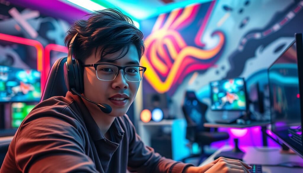 A vibrant scene depicting a popular Indonesian gaming streamer in a modern streaming setup. The foreground features a focused male streamer, dressed in casual yet professional attire, intensely engaging with the camera while playing an exciting game. Behind him, a colorful array of LED lights illuminates his gaming space, enhancing the high-energy atmosphere. In the middle ground, various gaming paraphernalia, including a high-tech gaming chair and multiple monitors displaying gameplay and chat interactions, suggest a lively streaming environment. The background showcases abstract gaming graphics on the wall, creating a dynamic and immersive feel. The lighting is bright and energetic, with a slight bokeh effect highlighting the streamer, capturing the essence of the vibrant gaming community. The overall mood reflects excitement and passion for gaming, perfect for showcasing the popular streaming culture in Indonesia. A vibrant scene depicting a popular Indonesian gaming streamer in a modern streaming setup. The foreground features a focused male streamer, dressed in casual yet professional attire, intensely engaging with the camera while playing an exciting game. Behind him, a colorful array of LED lights illuminates his gaming space, enhancing the high-energy atmosphere. In the middle ground, various gaming paraphernalia, including a high-tech gaming chair and multiple monitors displaying gameplay and chat interactions, suggest a lively streaming environment. The background showcases abstract gaming graphics on the wall, creating a dynamic and immersive feel. The lighting is bright and energetic, with a slight bokeh effect highlighting the streamer, capturing the essence of the vibrant gaming community. The overall mood reflects excitement and passion for gaming, perfect for showcasing the popular streaming culture in Indonesia.