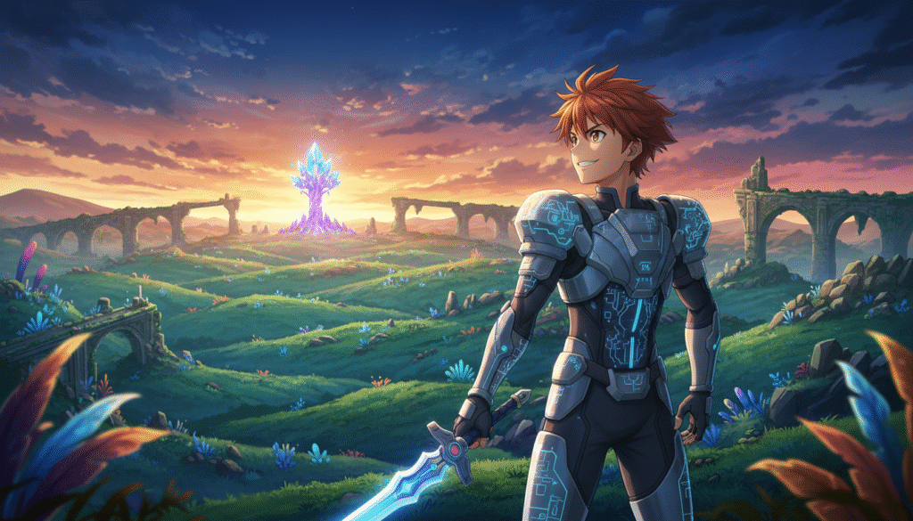 A vibrant scene from "Shangri-La Frontier," showcasing a dynamic anime-style character in a fantastical landscape. In the foreground, the character, a young adventurer with spiky hair and a determined expression, wears sleek, modern armor that glimmers with digital patterns. The middle ground features sprawling vistas of lush green hills, dotted with exotic plants and distant mystical ruins, evoking a sense of adventure. In the background, an expansive blue sky softens into vibrant sunset hues, casting warm light across the landscape. Capture a lively atmosphere filled with excitement and exploration, emphasizing the character's readiness for adventure. Use a cinematic angle to highlight the character's determination, with a shallow depth of field for a dramatic effect. A vibrant scene from "Shangri-La Frontier," showcasing a dynamic anime-style character in a fantastical landscape. In the foreground, the character, a young adventurer with spiky hair and a determined expression, wears sleek, modern armor that glimmers with digital patterns. The middle ground features sprawling vistas of lush green hills, dotted with exotic plants and distant mystical ruins, evoking a sense of adventure. In the background, an expansive blue sky softens into vibrant sunset hues, casting warm light across the landscape. Capture a lively atmosphere filled with excitement and exploration, emphasizing the character's readiness for adventure. Use a cinematic angle to highlight the character's determination, with a shallow depth of field for a dramatic effect.