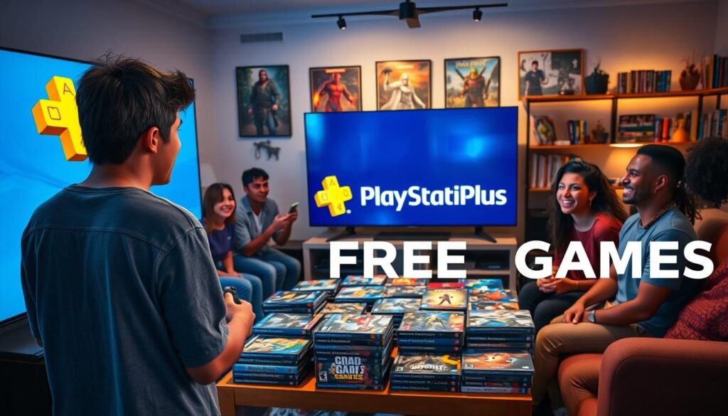 A visually engaging and dynamic scene showcasing a diverse group of people joyfully interacting with a gaming setup. In the foreground, a young adult wearing casual clothing is focused on a large television screen displaying the PlayStation Plus logo, while holding a DualSense controller. In the middle, a table cluttered with game cases representing various genres reflects an assortment of free games. Behind them, a cozy living room setting is illuminated with soft ambient lighting, featuring gaming posters and shelves filled with collectibles, creating a warm and inviting atmosphere. The composition captures the excitement and community spirit of gaming, emphasizing the idea of claiming and enjoying free PlayStation Plus games.