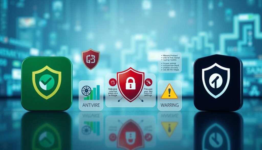 A visually engaging comparison image featuring three popular free antivirus software icons, positioned prominently in the foreground with reflective surfaces to highlight their logos. Each icon is accompanied by graphical elements representing key features like malware protection, privacy settings, and user interface. In the middle ground, include stylized infographics with contrasting colors to differentiate features, such as shields, check marks, and warning symbols. The background should be a soft-focus digital landscape symbolizing cybersecurity, illuminated by cool blue and green tones to create a high-tech atmosphere. The mood is informative and slightly ominous, suggesting the importance of understanding antivirus tools, captured in a high-resolution, sharp angle with a depth-of-field effect that draws focus on the icons and infographics.