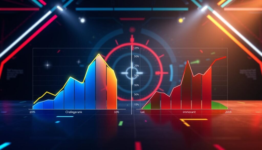 A visually engaging comparison image illustrating the percentage distribution of the highest ranks in League of Legends and Valorant. In the foreground, showcase two digital graphs; one representing League of Legends’ Challenger rank and the other for Valorant’s Immortal rank, designed with vibrant colors like blue and gold for League, and red and green for Valorant. The middle ground features stylized, abstract representations of iconic elements from both games, such as a summoner's icon for LoL and a player’s crosshair for Valorant, subtly blended into the background. Use a dynamic, sci-fi inspired backdrop featuring dark tones with neon accents, creating a tech-themed atmosphere. The lighting should be dramatic, with highlights emphasizing the graphs and elements, conveying a sense of competition and urgency akin to esports events, while maintaining a clear and professional look.