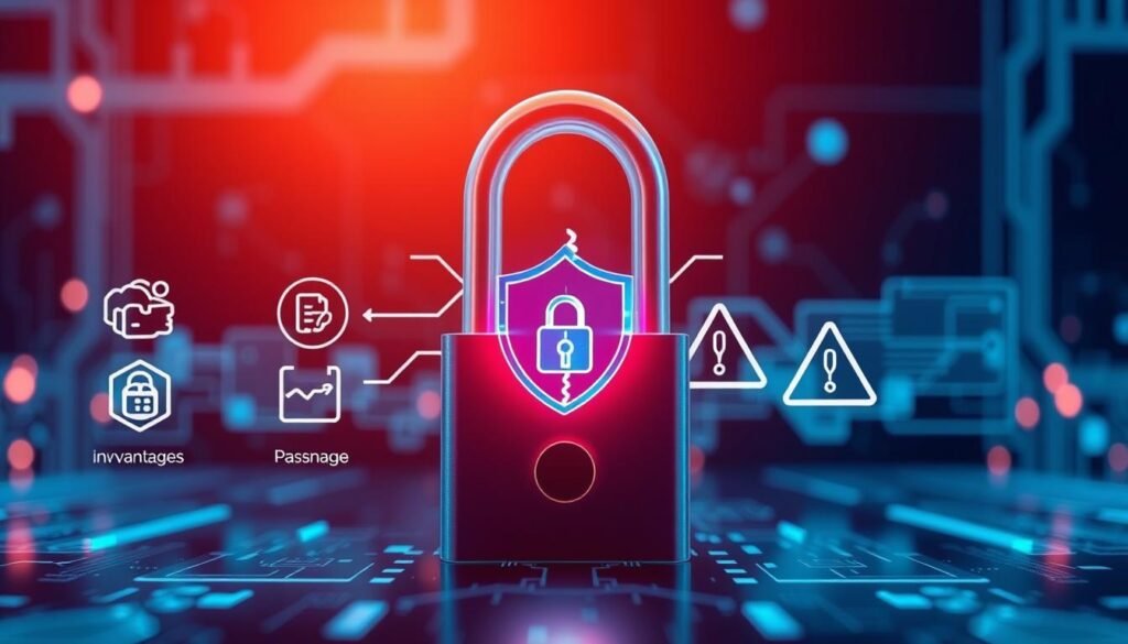 A visually engaging composition illustrating the pros and cons of using passkeys. In the foreground, a sleek digital lock symbolizing security, surrounded by icons representing the advantages of passkeys, such as ease of access and enhanced security. In the middle, a contrasting image of a vulnerable online account, depicted through a broken shield and warning symbols, highlighting the disadvantages like potential misuse. The background features a tech-inspired environment with abstract data streams and glowing circuit patterns, creating a futuristic atmosphere. Soft, cool lighting enhances the sense of security and urgency, while a shallow depth of field focuses on the central elements, drawing attention to the key symbols and their meanings.