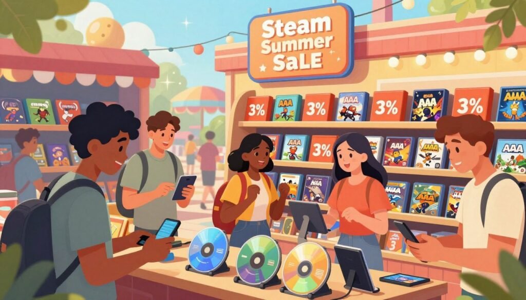 A visually engaging illustration celebrating the Steam Summer Sale, depicting a vibrant virtual marketplace filled with colorful game icons and discount tags. In the foreground, a diverse group of enthusiastic shoppers, dressed in modest casual clothing, are browsing through a selection of game disks and digital devices with expressions of excitement and anticipation. The middle ground features shelves lined with popular AAA game titles, each displaying striking discount percentages. The background showcases a stylized digital storefront with playful graphics and festive lighting, capturing the lively atmosphere of a summer sale event. Natural lighting illuminates the scene, creating a warm and inviting ambiance while emphasizing the excitement of finding great deals on games. A visually engaging illustration celebrating the Steam Summer Sale, depicting a vibrant virtual marketplace filled with colorful game icons and discount tags. In the foreground, a diverse group of enthusiastic shoppers, dressed in modest casual clothing, are browsing through a selection of game disks and digital devices with expressions of excitement and anticipation. The middle ground features shelves lined with popular AAA game titles, each displaying striking discount percentages. The background showcases a stylized digital storefront with playful graphics and festive lighting, capturing the lively atmosphere of a summer sale event. Natural lighting illuminates the scene, creating a warm and inviting ambiance while emphasizing the excitement of finding great deals on games.