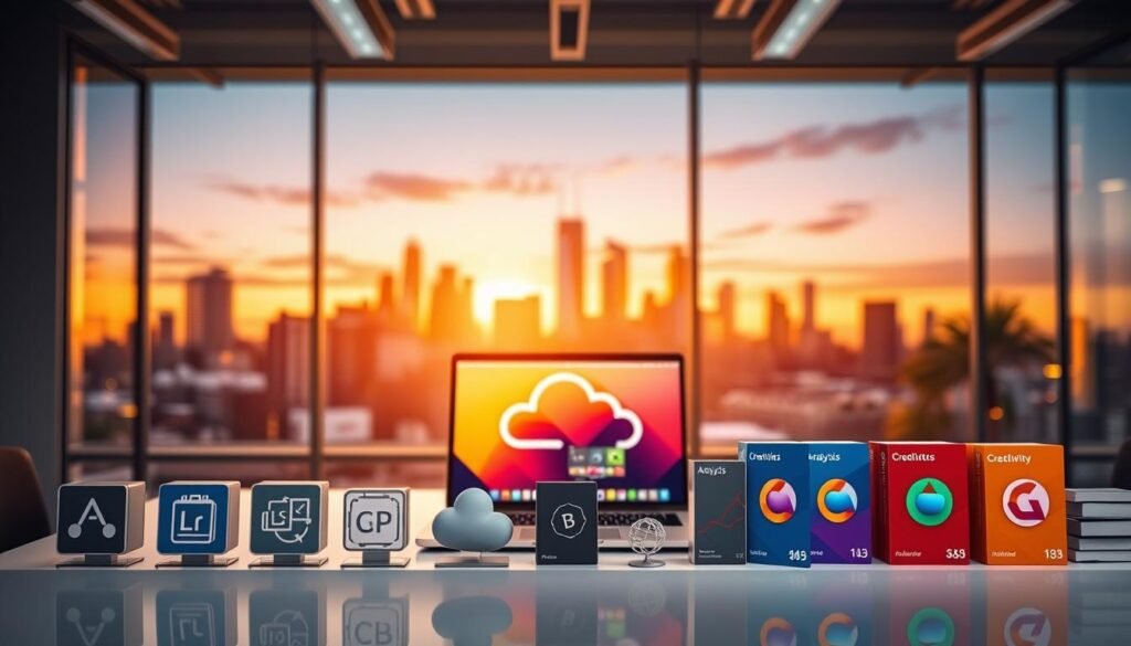 A visually engaging image showcasing various types of software categorized by their functions. In the foreground, display sleek icons representing different software categories such as productivity, creativity, and analysis, arranged with an elegant layout. The middle ground features a modern workspace with a clean desk, a laptop open to a creative cloud interface, and colorful software boxes neatly organized. In the background, a vibrant city skyline glows with a sunset palette, symbolizing innovation and progress. The lighting is warm and inviting, creating a professional yet inviting atmosphere. The angle should be slightly elevated, offering a dynamic perspective on the workspace, emphasizing collaboration and creativity in the tech industry.