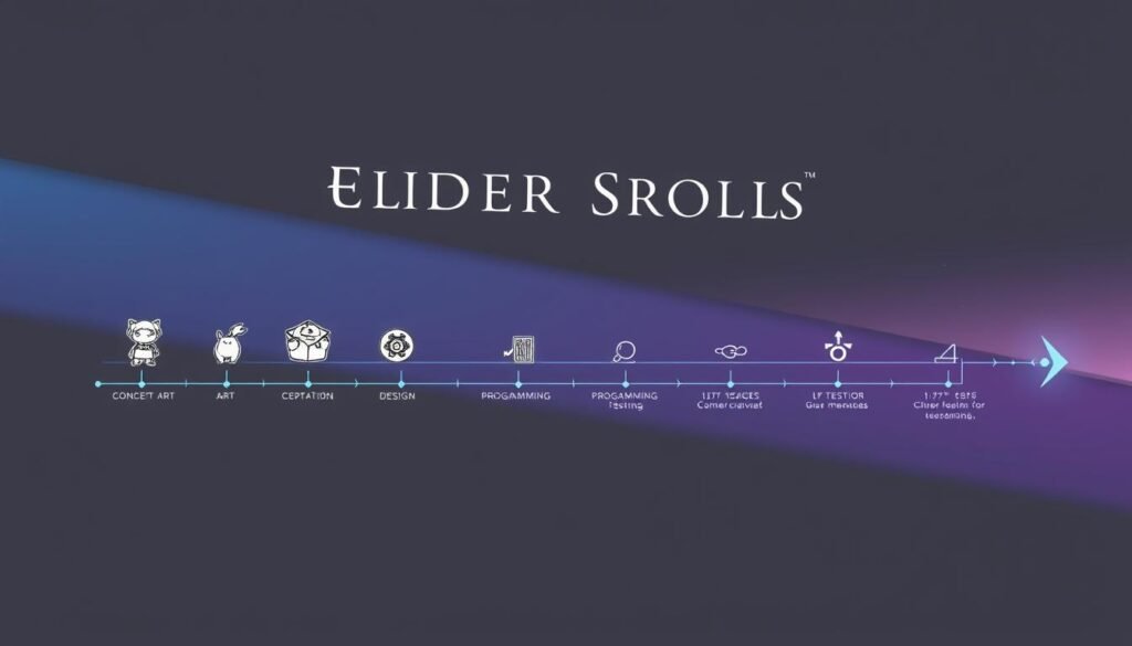 A visually engaging timeline depicting the game development process for the Elder Scrolls 6, showcasing key stages and milestones. In the foreground, include illustrated icons representing concept art, design, programming, and testing phases, with a sleek, modern design. The middle layer should feature a horizontal timeline with distinct markers for each significant phase, using a color gradient that transitions from blue to purple, symbolizing creativity and innovation. In the background, a subtle abstract landscape representing the fantasy world of the Elder Scrolls can add depth, with soft lighting emphasizing the timeline. The overall atmosphere should convey excitement and anticipation for the game's release, using a dynamic angle that draws the viewer’s attention towards the timeline's progression, evoking a sense of journey and exploration in game development.