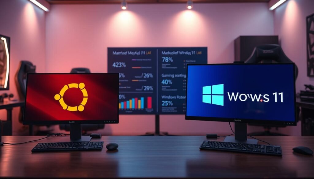 A visually striking comparison image illustrating the advantages and disadvantages of gaming on Linux Ubuntu versus Windows 11. In the foreground, a well-organized desktop setup featuring two computers side by side—one displaying the Ubuntu logo with vibrant colors, and the other showcasing the Windows 11 logo in sleek blue tones. The middle ground includes charts and graphics that showcase gaming performance metrics for both platforms, blending playful and professional elements. The background features a serene gaming environment, with soft ambient lighting and ergonomic gaming chairs. The atmosphere is focused and informative, ideal for a tech-savvy audience. The scene is captured in a high-angle shot, emphasizing clarity and detail, free from any text overlays or distractions.