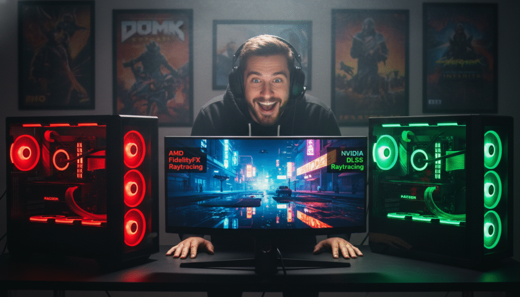 A visually striking comparison of AMD and NVIDIA ray tracing technologies, featuring two gaming PCs side by side on a sleek gaming desk. The AMD PC is adorned with red accents, while the NVIDIA PC showcases vibrant green lights. In the foreground, a high-resolution gaming monitor displays a stunning ray-traced scene, showcasing reflections and shadows in a futuristic cityscape filled with neon lights. In the middle ground, an enthusiast gamer, dressed in casual attire, leans in close, focusing intently on the screen, with an expression of excitement and curiosity. The background reveals a dimly lit room adorned with posters of popular games, creating an immersive atmosphere. The scene is illuminated with gentle, directional lighting that enhances the reflections on the monitor and adds depth to the overall image, highlighting the essence of each brand's gaming capabilities.