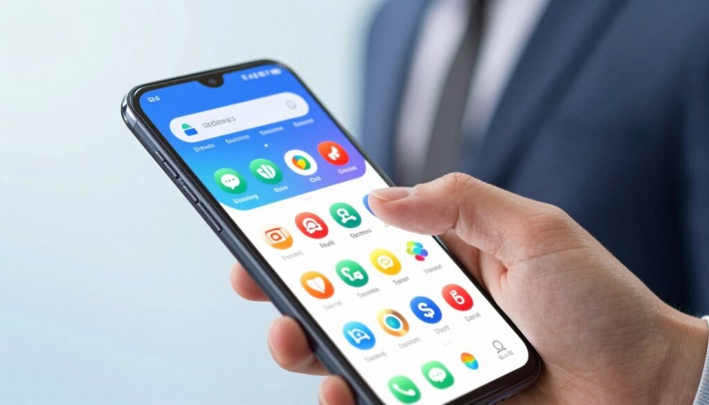 A visually striking composition depicting a smartphone interface showcasing battery-draining applications on an Android device. The foreground features a sleek, modern smartphone with a vibrant screen displaying a colorful app list, some with icons representing popular yet battery-intensive applications like social media and video streaming platforms. In the middle, a partially visible hand reaches to interact with the screen, dressed in professional attire, suggesting a user experience. The background is softly blurred to ensure the focus remains on the device, with a subtle gradient of light blue and soft white to create a techy ambiance. The lighting is bright, highlighting the details of the apps and the smartphone while casting gentle reflections. The overall mood is informational, designed to engage viewers by presenting an organized and clean layout that emphasizes the subject's importance.