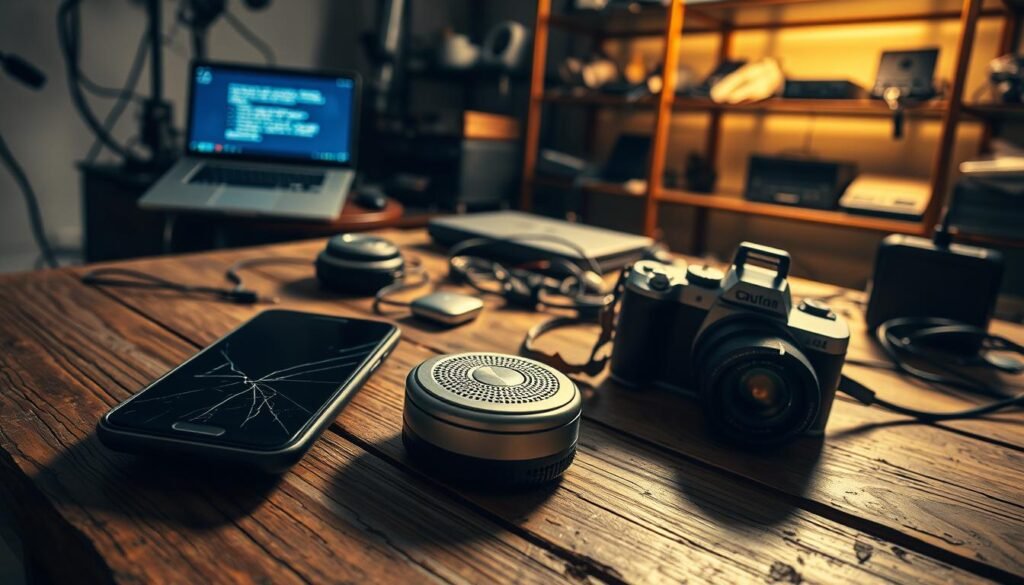 A visually striking composition showcasing a range of fragile electronic devices, including a smartphone with a cracked screen, a small portable speaker with visible wear, and a digital camera showing signs of damage. In the foreground, these items are placed on a rustic wooden table with a warm, ambient light casting soft shadows. The middle ground features a cluttered workspace with scattered cables and a faintly visible laptop with an error message on its screen. The background includes out-of-focus shelves displaying other electronic items in various states of disrepair. The overall mood conveys a sense of caution and impending failure, with a color palette of muted grays and browns, suggesting a somber reflection on the reliability of modern electronics. The perspective is slightly angled to emphasize the items' vulnerabilities.