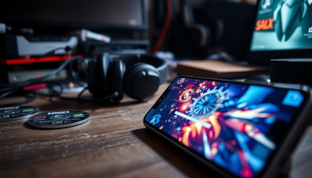 A visually striking depiction of a smartphone displaying a loading screen for a heavy game, featuring a colorful, intricate graphics design that suggests high-stakes action, set against a cluttered desk strewn with gaming accessories. In the foreground, include a close-up of the smartphone's screen, showcasing bright visuals from the game. In the middle, hint at an abandoned gaming headset and a few game discs, slightly out of focus to draw attention to the phone. The background features a dimly lit room, with soft, ambient lighting highlighting the gaming setup. The atmosphere feels nostalgic and melancholic, emphasizing the theme of forgotten games. The angle should provide a dynamic view, making the smartphone the focal point, evoking a sense of high performance and potential that has been neglected.