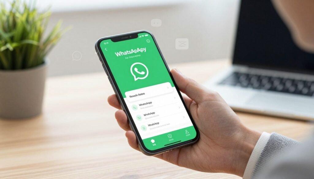 A visually striking, detailed composition showcasing a smartphone displaying a modified version of the WhatsApp interface in vibrant green and white colors. In the foreground, the phone is held in a user’s hand, dressed in stylish yet professional attire, thoughtfully navigating through options that highlight ad-blocking features. In the middle ground, there are hints of typical smartphone icons and a blurred overlay of social media elements representing ads, emphasizing the solution to unwanted interruptions. The background features a softly lit workspace with a laptop and a potted plant, creating a calm and focused atmosphere. The lighting is bright and inviting, reminiscent of natural daylight, enhancing the professional and tech-savvy vibe of the scene.