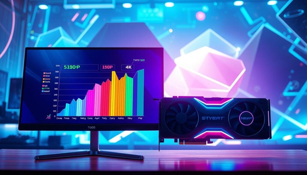 A visually striking digital artwork depicting a performance scale of graphics cards at varying resolutions, from 1080P to 4K. In the foreground, show a sleek, modern gaming monitor displaying a vibrant graph with colorful metrics illustrating frame rates and performance benchmarks. The middle ground should feature a stylish, futuristic graphics card with LED accents, along with subtle background details like a gaming setup with ambient lighting. The background should transition smoothly to a high-tech digital landscape filled with abstract geometric shapes representing different resolutions. Use bright, dynamic lighting to emphasize the high-tech atmosphere, with a focus on bold colors like blues, greens, and purples to convey a sense of cutting-edge technology. The overall mood should be energetic and innovative.