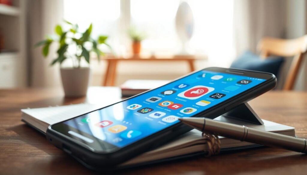 A visually striking image depicting a smartphone screen displaying a bright and colorful interface showcasing various app icons, among which an antivirus icon appears faded and less prominent, symbolizing its lack of necessity. In the foreground, an open notebook with a pen rests beside the smartphone, suggesting a casual yet thoughtful environment. The middle ground features a subtle blur of a cozy workspace with a desk and a potted plant, creating a calm atmosphere. The background consists of a well-lit window allowing soft sunlight to filter through, enhancing the overall brightness. The image's mood is relaxed and informative, highlighting modern technology's efficiency without reliance on antivirus applications, captured in a close-up angle to focus on the details.